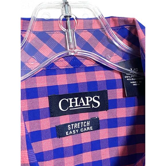 Chaps Button Shirt Mens L Stretch Easy Care Pink Blue Checks Preppy Classic - Picture 5 of 8